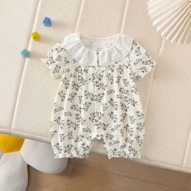 Adorable Baby Girls’ Cotton Romper – Lace Collar, Soft Short-Sleeve Outfit