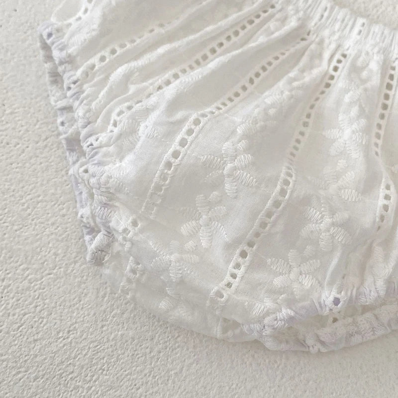 Summer Baby Girl Outfit – Lace Embroidered Top & Triangle Pants Set (0–3Y)
