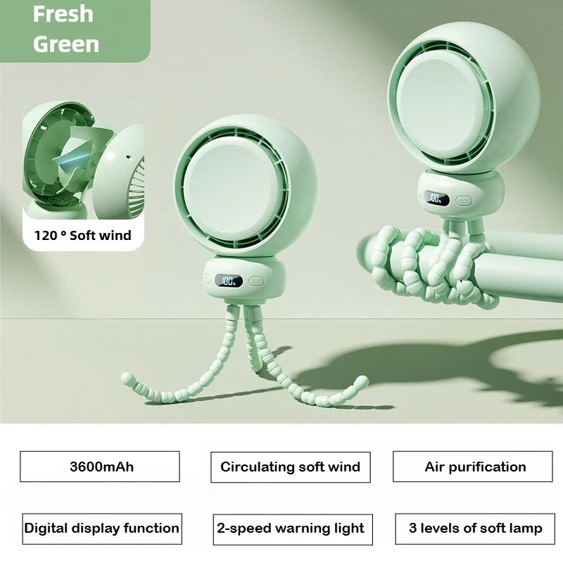 Bladeless Baby Stroller Fan with LED – Quiet & Rechargeable (3600mAh)