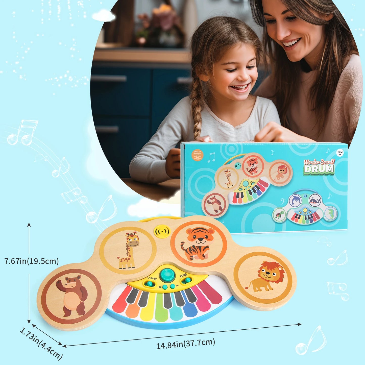 2-in-1 Wooden Piano & Drum – Lights & Music Fun!