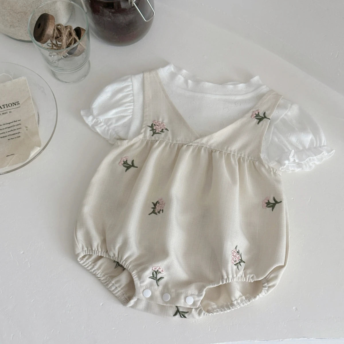 Summer Baby 2PCS Set – Flower Print Suspender Jumpsuit for Boys & Girls