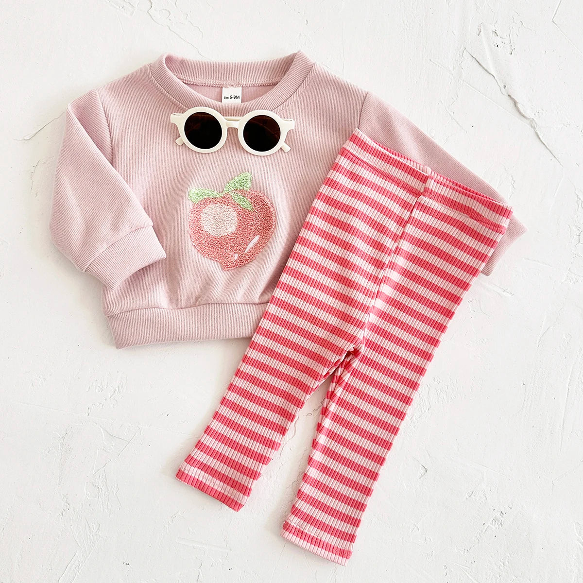 Baby Girl 2PCS Set – Long Sleeve Top & Pants, Cute Peach Autumn/Spring Outfit