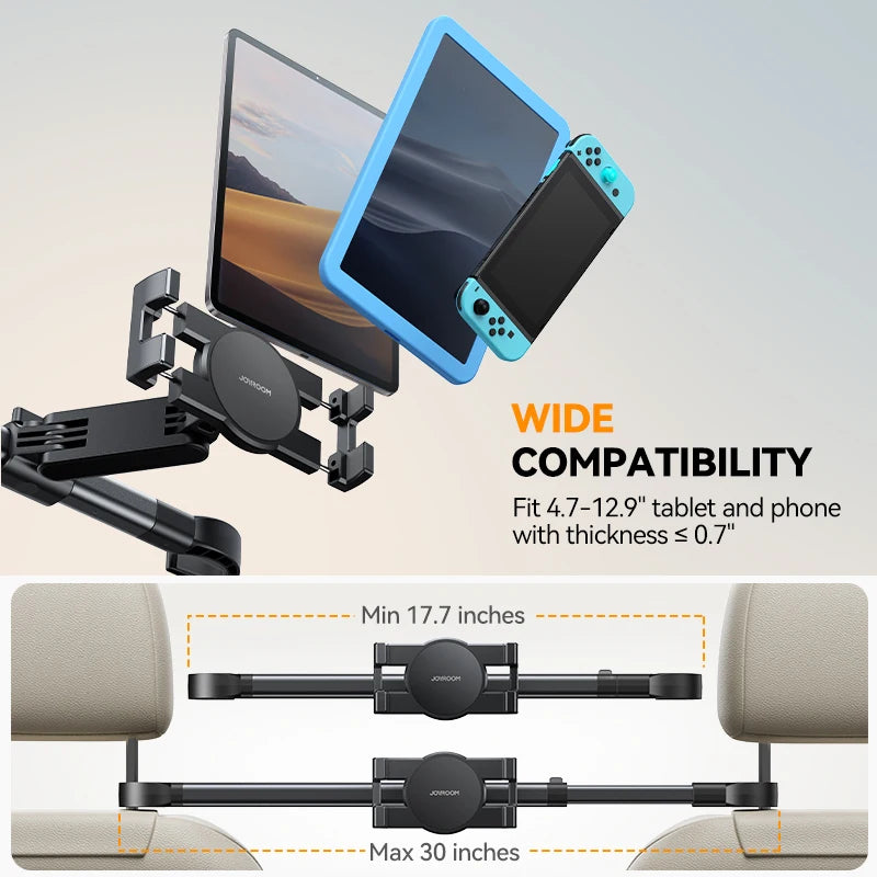 Car Tablet Holder with Hooks – Fits 4.7-12.9" Tablets & Phones
