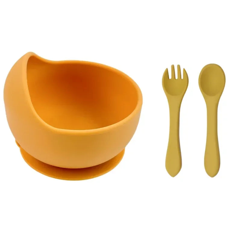 Ensemble repas pour tout-petit – Bol, cuillère et fourchette en silicone antidérapant