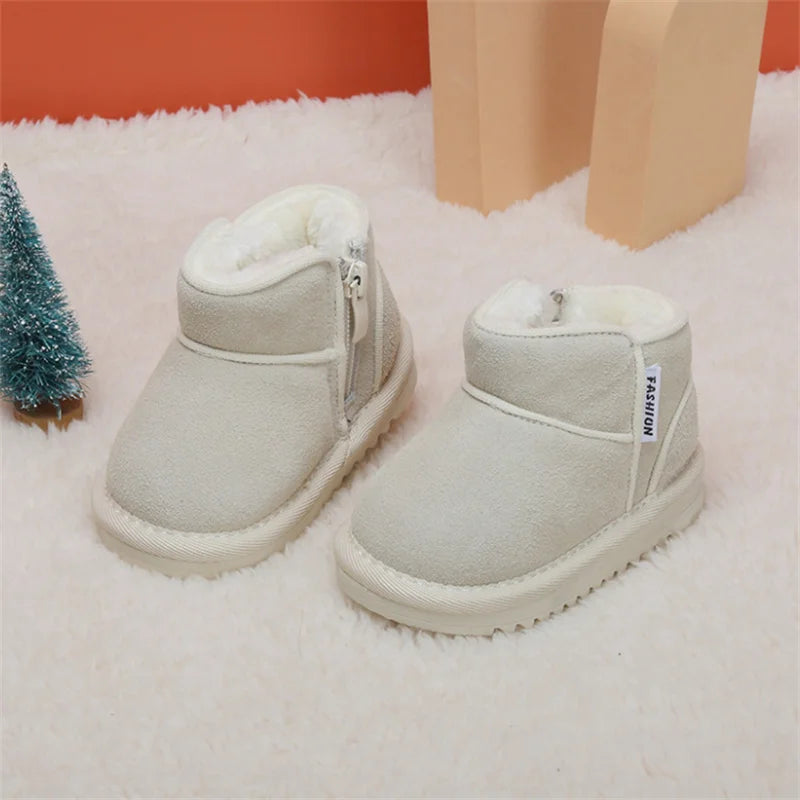 New Winter Baby Snow Boots Leather Warm Plush Infant Shoes Zip Side Soft Sole Fashion Toddler Boys Girls Boots 15-25