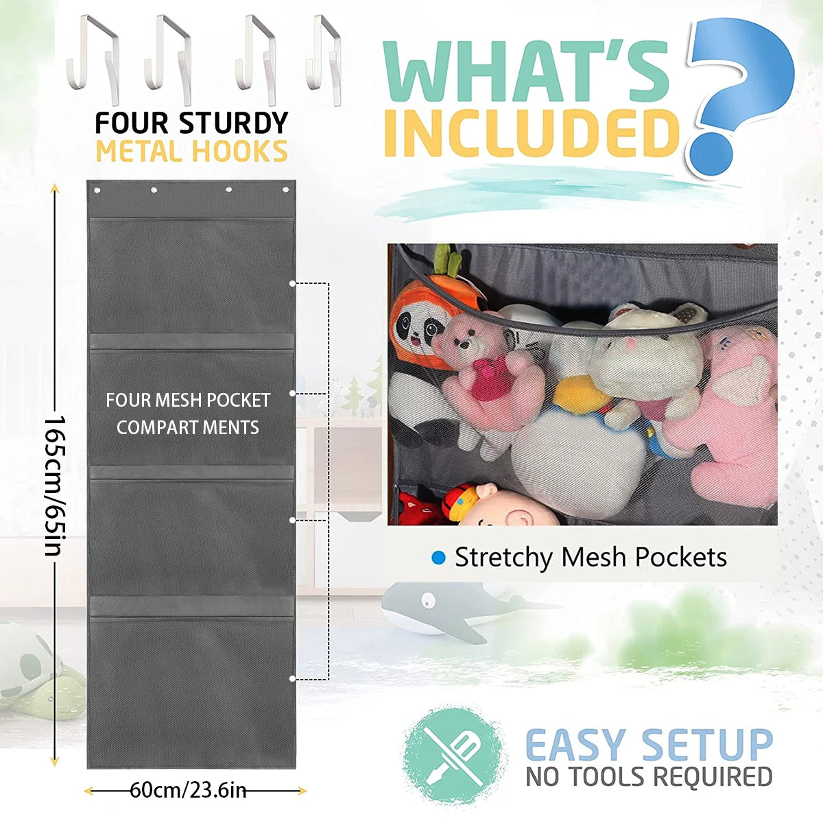 Over-the-Door Stuffed Animal Organizer – 4-Pocket Mesh Bag for Plush Toys