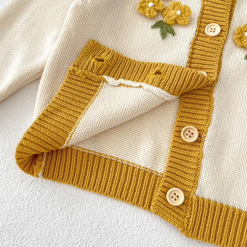 Autumn Baby Girl Cardigan – Round Neck Knitted Sweater with Flower Pockets