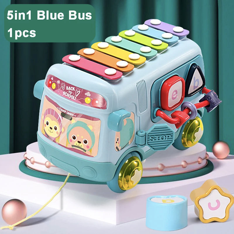 Montessori Cartoon Bus Toy – Maze, Hammer & Puzzle Educational Set