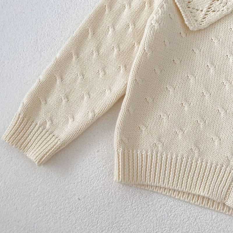 Autumn Baby Girl Sweater – Cotton Knit Jacket with Hollow Large Collar