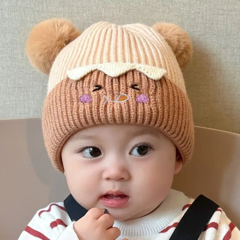 Adorable bonnet bébé en tricot coréen – Bonnet chaud et coupe-vent avec cache-oreilles