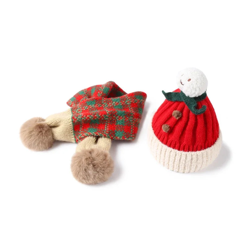 Children's Winter Red Hat And Scarf Set Cartoon Snowman Design Warm Knitted Scarf Cap for Boys And Girls Xmas New Year's Gift