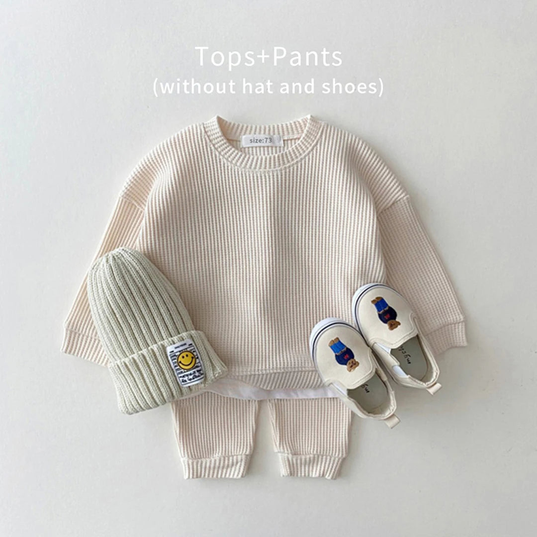 2023 Korean Toddler Outfit – Mock Two-Piece Waffle Cotton Sweatshirt & Pants (2pcs)