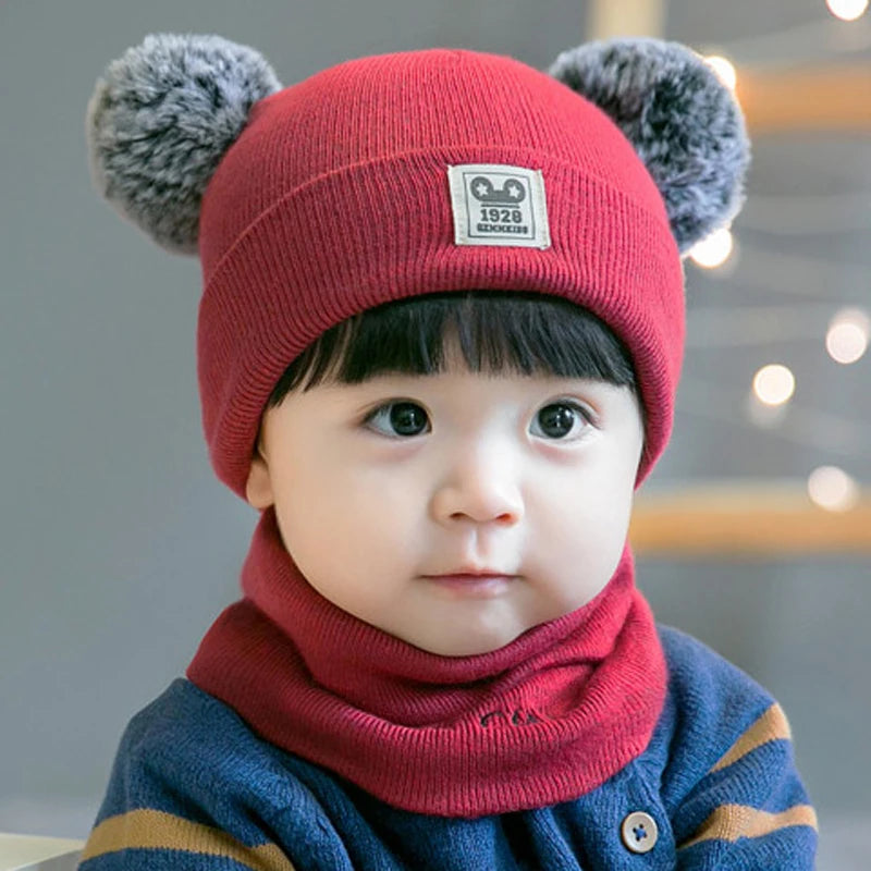 IYEAL Winter Boys And Girls Lovely Knitted Hats Children's Hat +Neck scarf 2-Piece Set Baby Wool Hat Scarf Warm Thick Hat