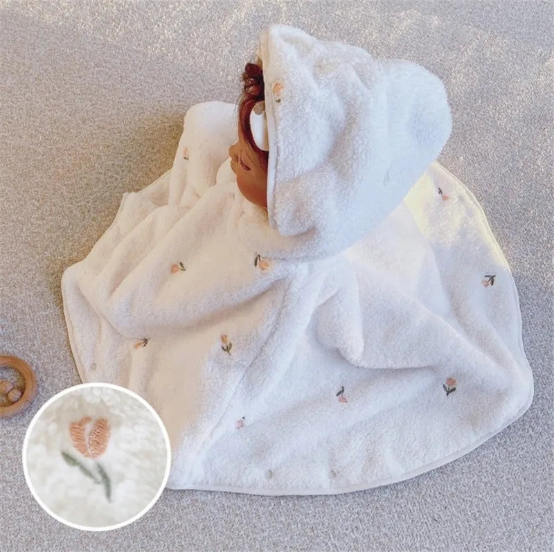 Baby Toddler Kids Hooded Cloak Cape Outerwear Coral Fleece Embroidered Cartoon Windproof Warm Winter Outdoor Costume Play Cape
