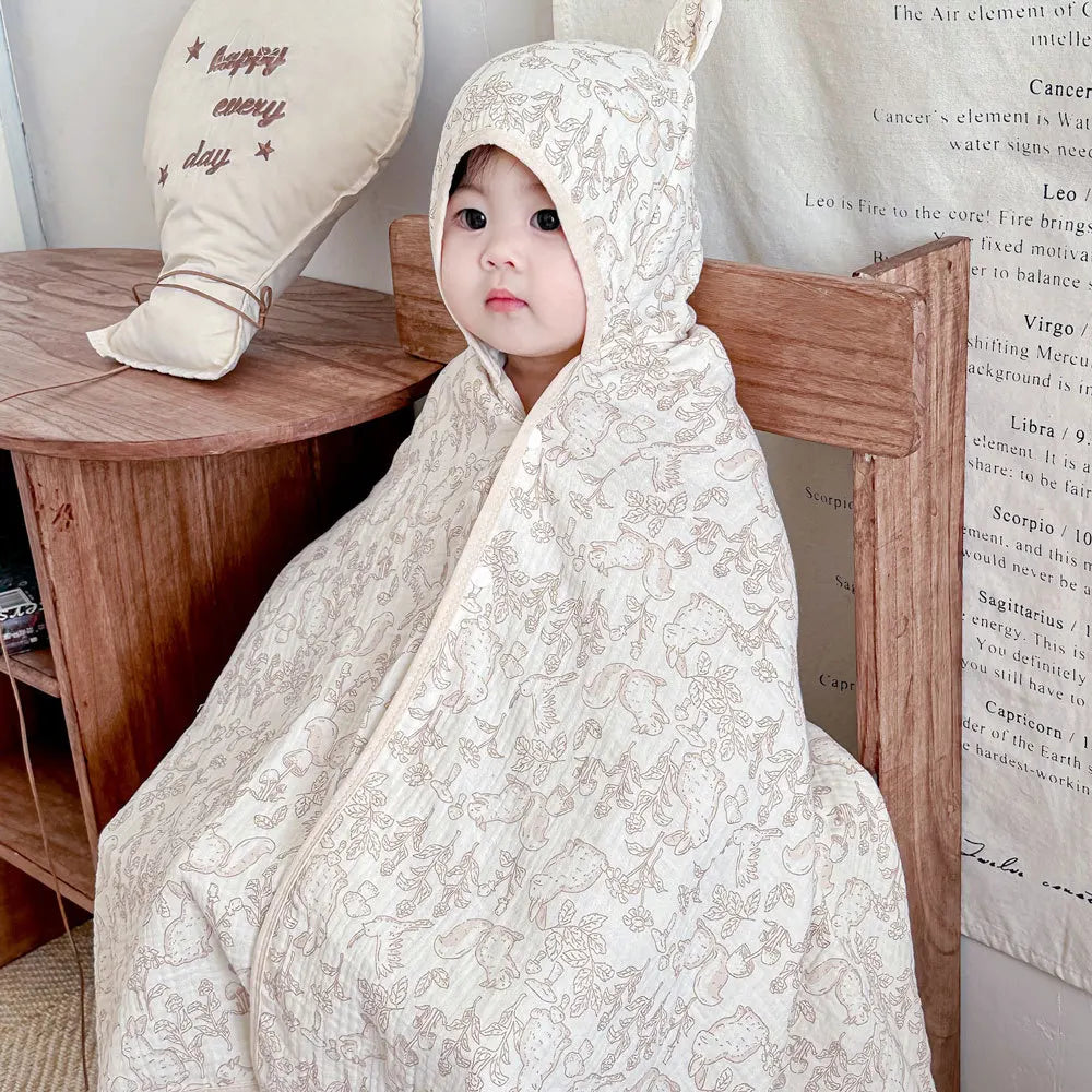 Serviette de bain bébé à capuche douce – Enveloppe en gaze à motifs de dessins animés, douce pour la peau et absorbante