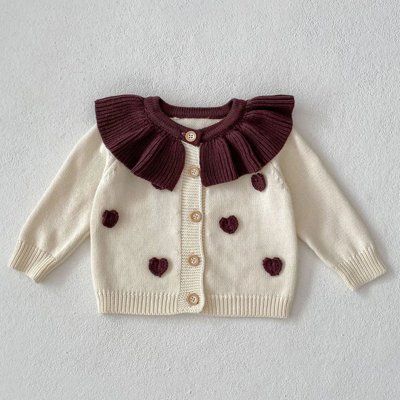 Autumn new 0-3 year old baby clothing for female babies, lotus leaf collar handmade heart knitted long sleeved jacket+jumpsuit