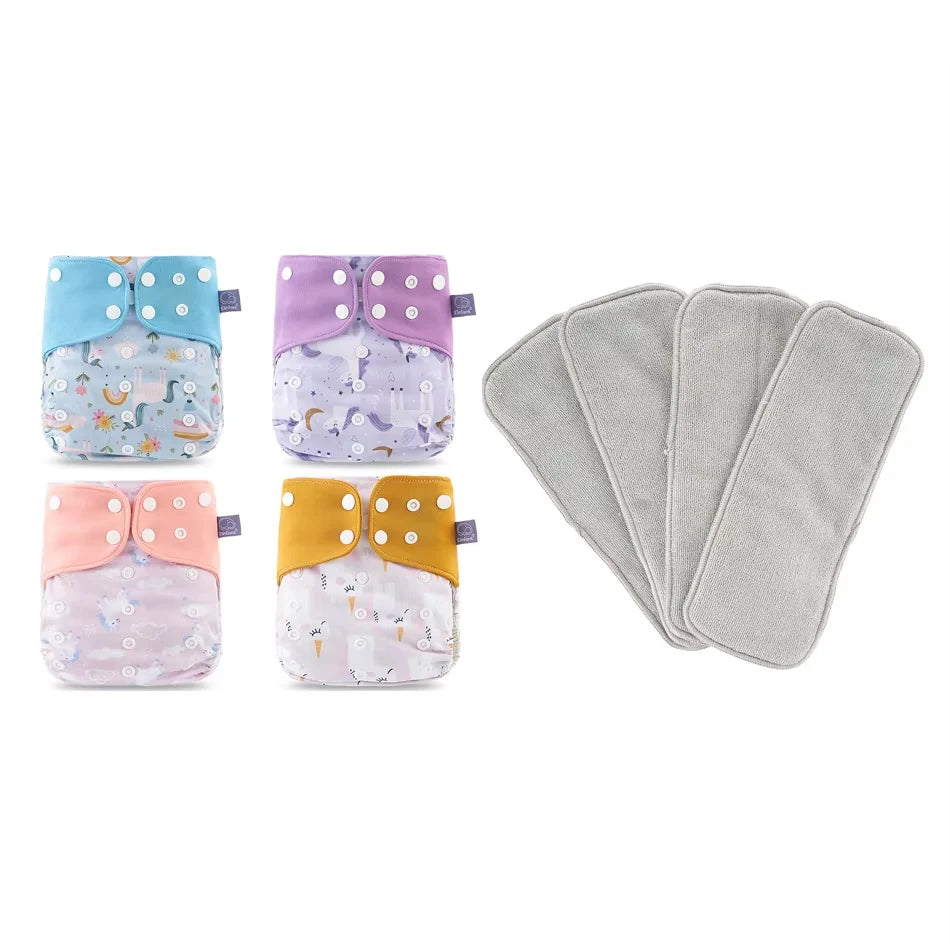 Washable Baby Diapers Set – 4 Cloth Nappies with Inserts, 3–15kg