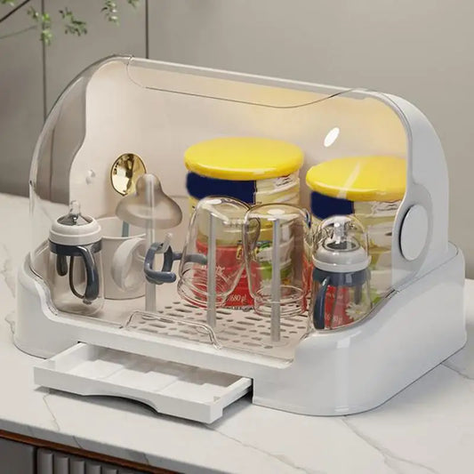 Baby Bottle Drying Rack with Removable Drip Tray Dustproof Bottle Storage Box with Lid Countertop Drying Rack for Toddler Bottle