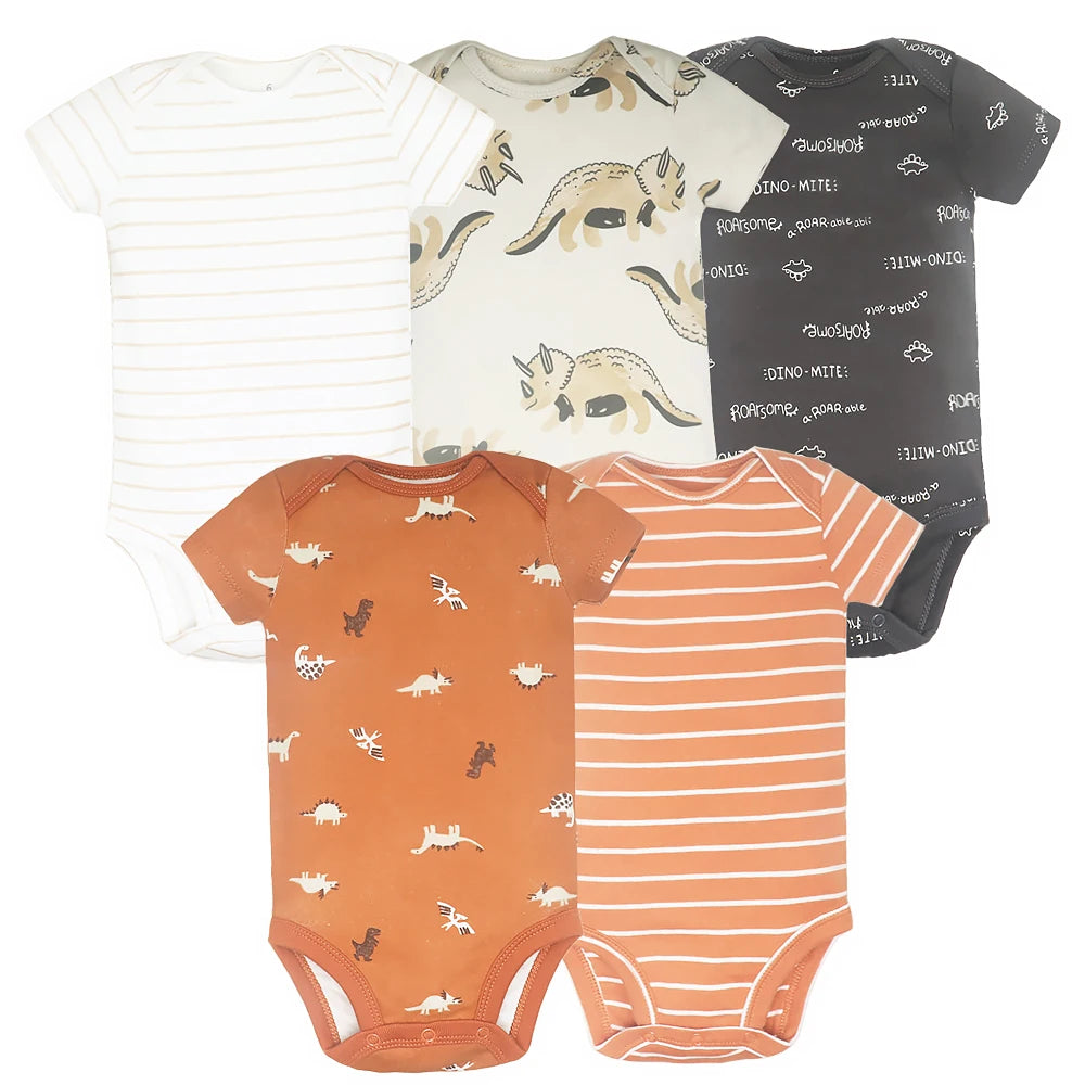 5-Piece Newborn Bodysuit Set – Cotton Short Sleeve Jumpsuits (0–24M)
