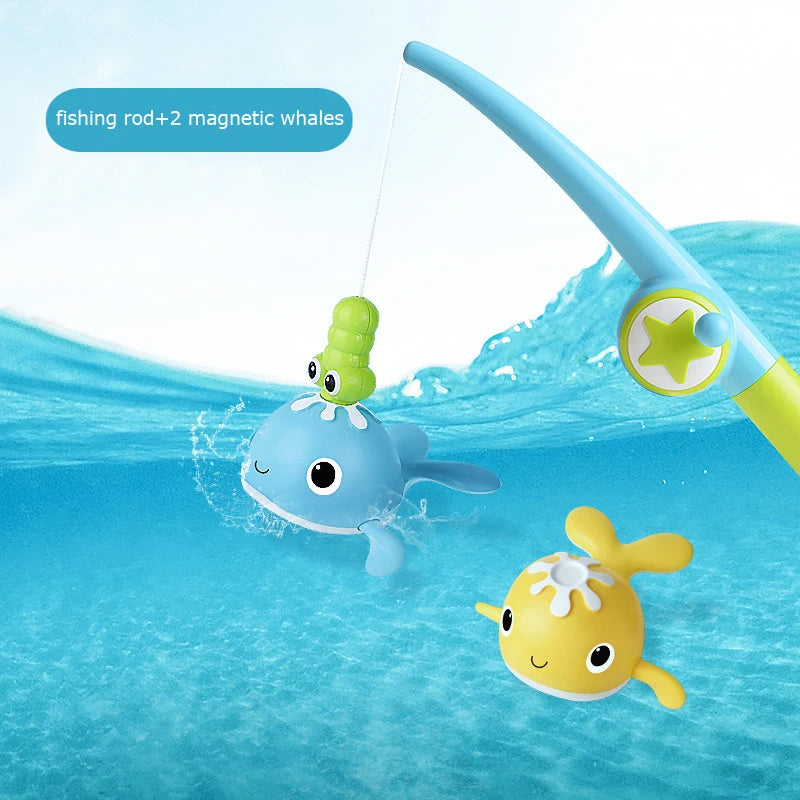 Bath Toy Magnetic Fishing Games Wind-up Swimming Whales Water Table Pool Bath Fun Time Bathtub Tub Toy for Toddler Kids Girl Boy