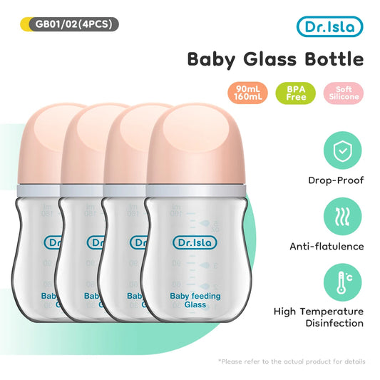 4PCS Newborn Glass Bottles 90/160ML Anti-Choke Baby Bottle Anti-flatulence Milk Feeding Bottles Infant BPA Free 0-6Month