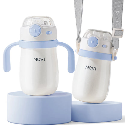 NCVI Kids Stainless Steel Straw Cup for Toddler 1-3 Years Old, Blue 10floz, BPA-Free, Easy to Clean, Adjustable Shoulder Strap