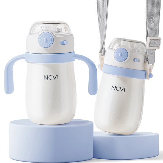 NCVI Kids Stainless Steel Straw Cup for Toddler 1-3 Years Old, Blue 10floz, BPA-Free, Easy to Clean, Adjustable Shoulder Strap