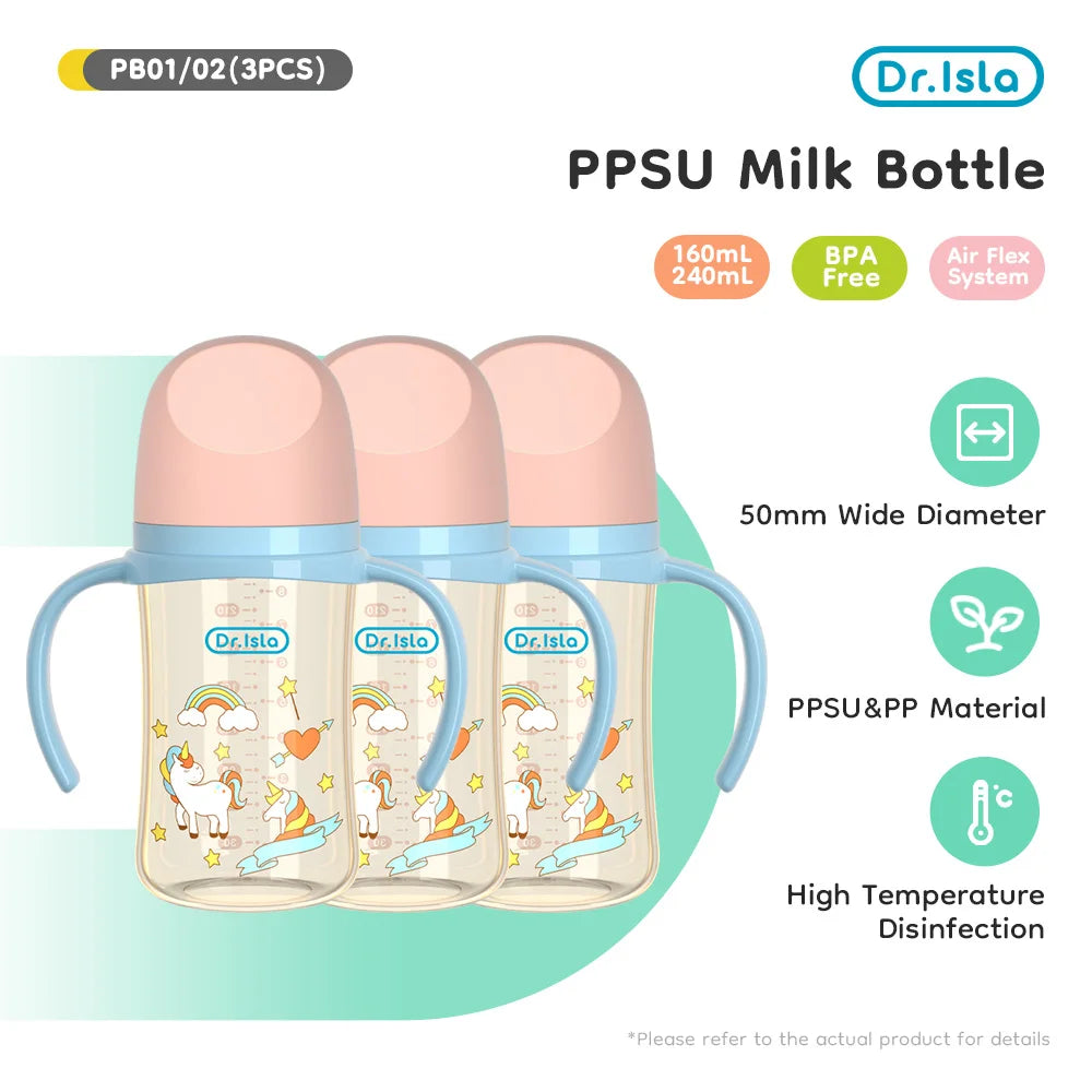3PCS 160/240ML PPSU Baby Bottle Double Handle Infant Drop-proof Baby Wide-caliber Milk Bottle Newborn Feeding Bottle BPA Free
