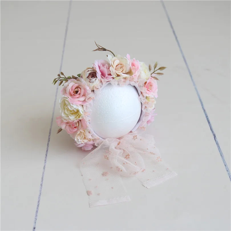 Cute Pink Sunflower Garden Knit Bonnet Baby Girl Photo Prop