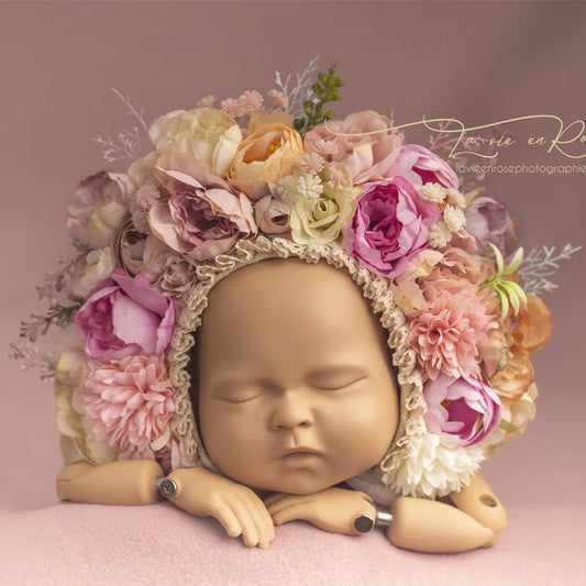 Cute Pink Sunflower Garden Knit Bonnet Baby Girl Photo Prop