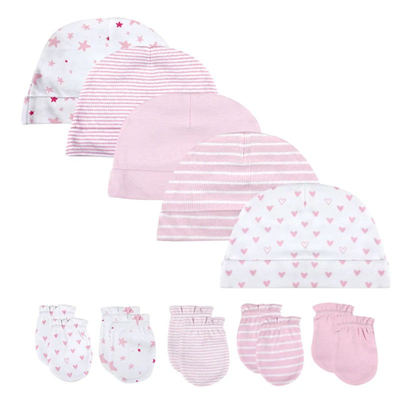 Unisex Cotton Newborn Baby Hat and Gloves Set 10Pieces