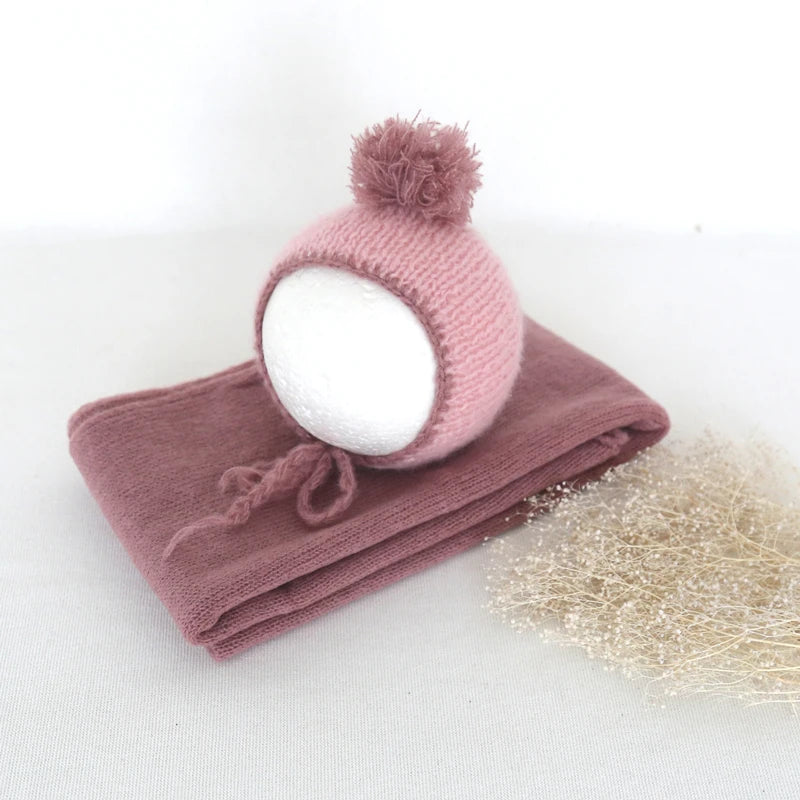 Vintage Newborn Knit Wrap and Bonnet Set for Photography Props