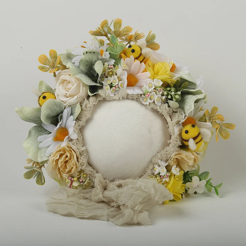 Cute Pink Sunflower Garden Knit Bonnet Baby Girl Photo Prop