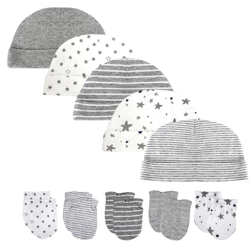 Unisex Cotton Newborn Baby Hat and Gloves Set 10Pieces