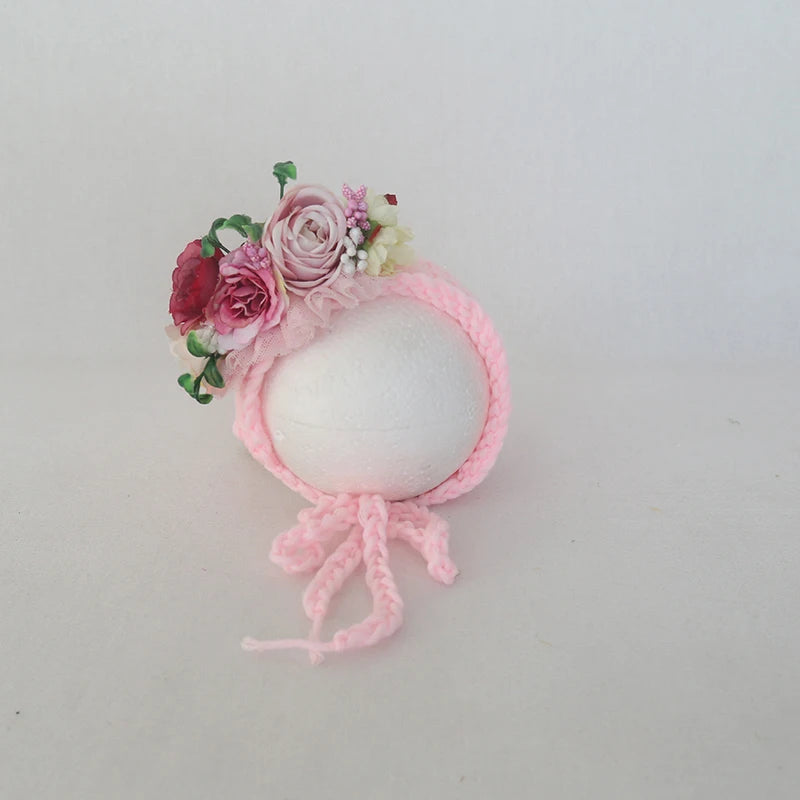 Cute Pink Sunflower Garden Knit Bonnet Baby Girl Photo Prop