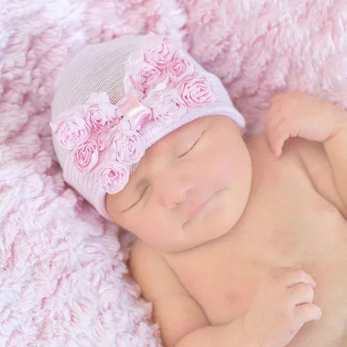 Pink Blue Newborn Baby Beanie Cap Flower Hospital Hat