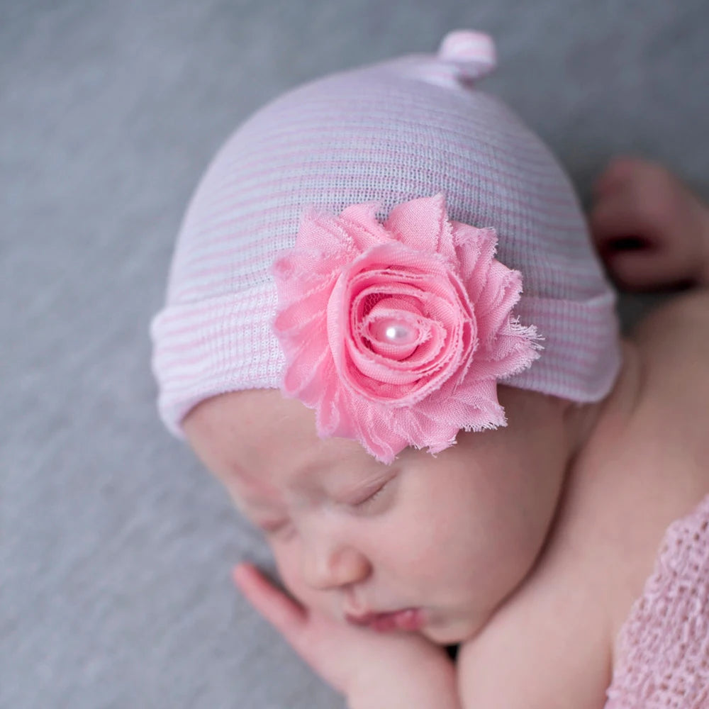 Pink Blue Newborn Baby Beanie Cap Flower Hospital Hat