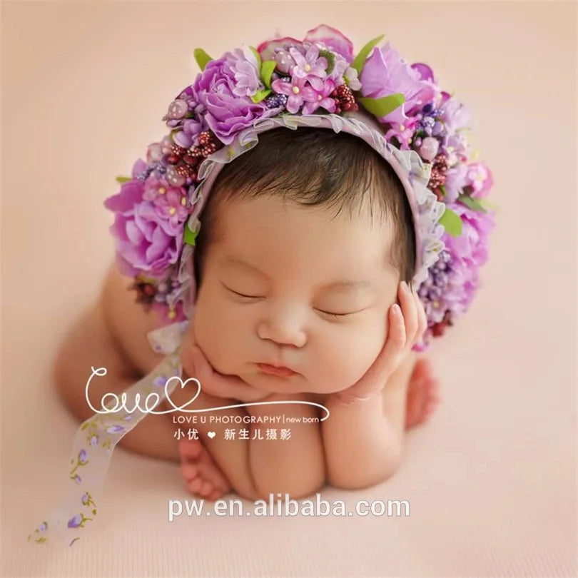 Knitted Flower Bonnet for Newborn Baby Photo Shoot Props