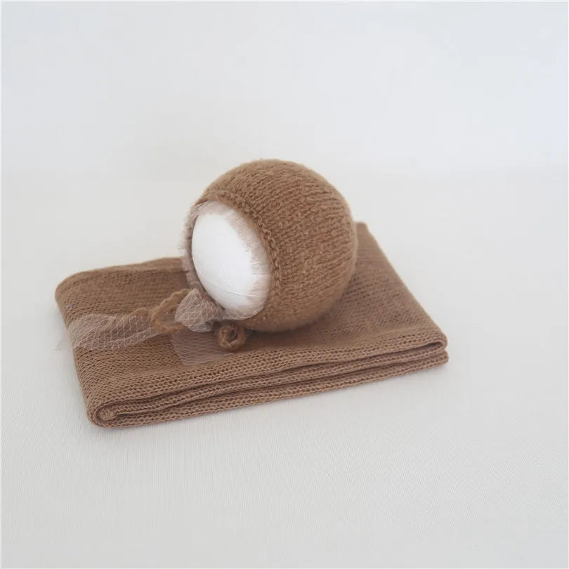 Vintage Newborn Knit Wrap and Bonnet Set for Photography Props