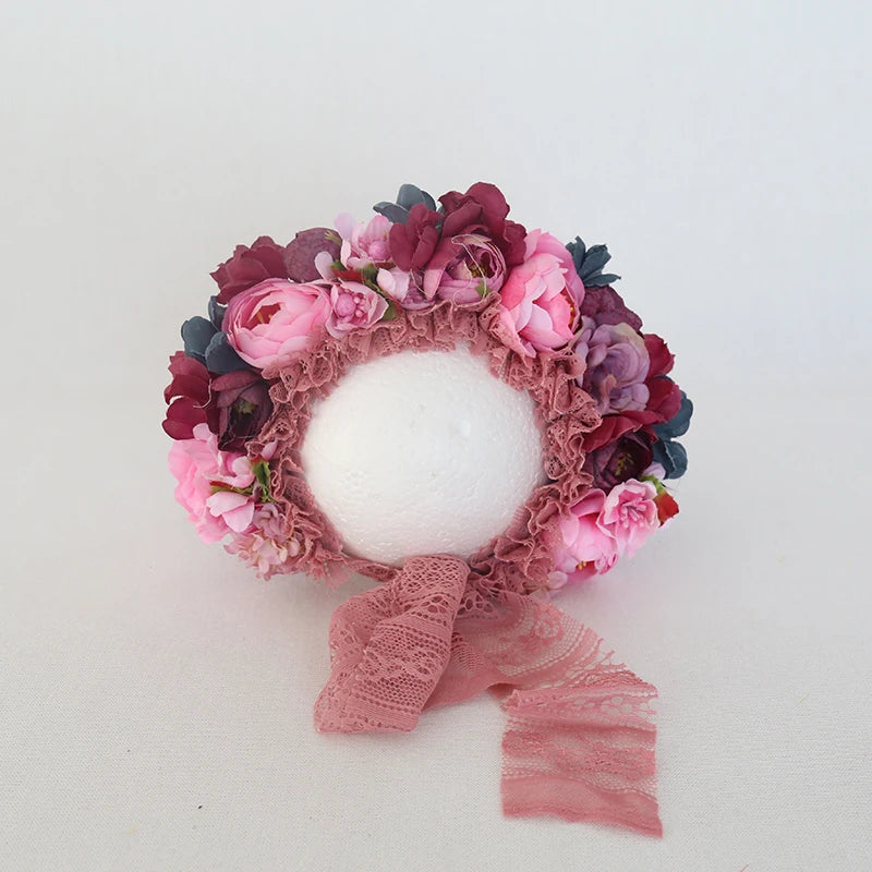 Cute Pink Sunflower Garden Knit Bonnet Baby Girl Photo Prop