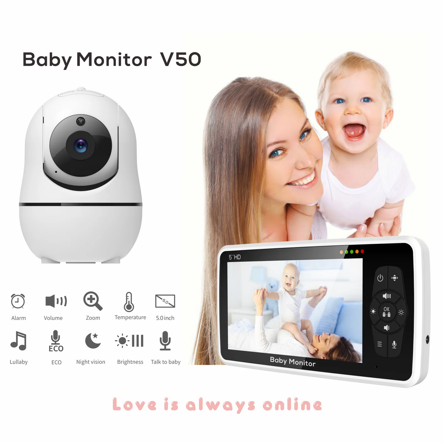 Babyphone double caméra 5 pouces avec audio bidirectionnel et zoom