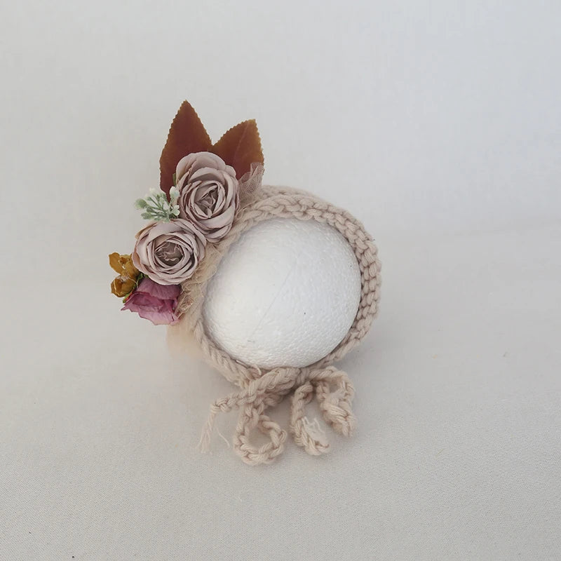 Cute Pink Sunflower Garden Knit Bonnet Baby Girl Photo Prop