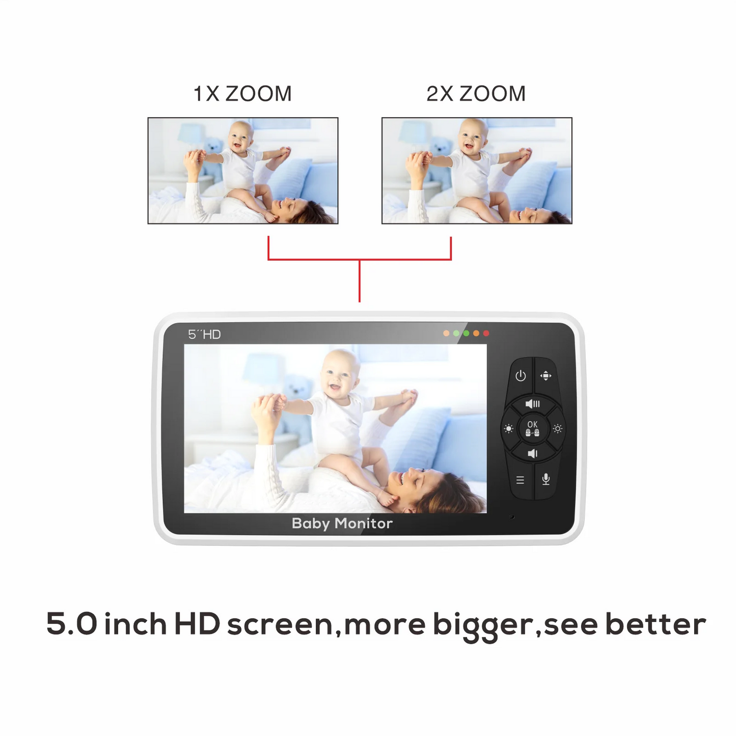 Babyphone double caméra 5 pouces avec audio bidirectionnel et zoom