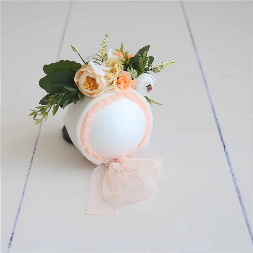 Cute Pink Sunflower Garden Knit Bonnet Baby Girl Photo Prop