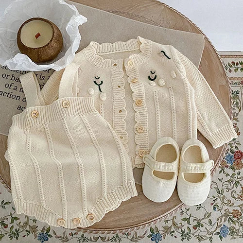 Autumn Winter Toddler Baby Girl Knitting Clothes Suit Floral Embroidery Cardigan+Jumpsuit Infant Baby Girls Knitted Clothing Set