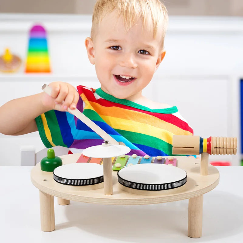 Wooden Xylophone Drum Set Music Table Toys for Baby Montessori Toddlers Musical Instruments Toys Drum Percussion Instruments Toy