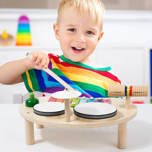Wooden Xylophone Drum Set Music Table Toys for Baby Montessori Toddlers Musical Instruments Toys Drum Percussion Instruments Toy