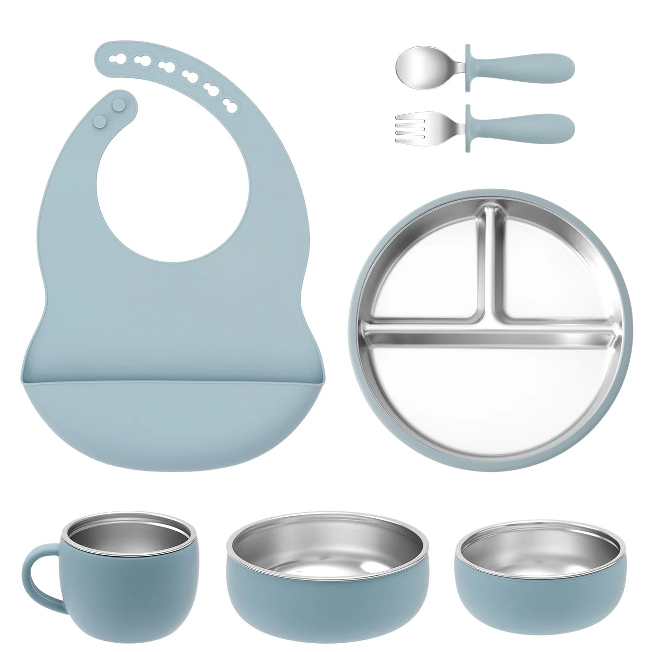 7PCS Baby Feeding Set – Stainless Steel & Silicone Tableware