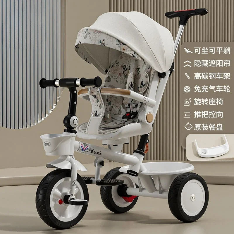 Premium Baby Tricycle 1-6 Years Old Kids Parent Push Handle Large Seat Adjustable Canopy Safety Belt Ride Outdoor Stroller Bike