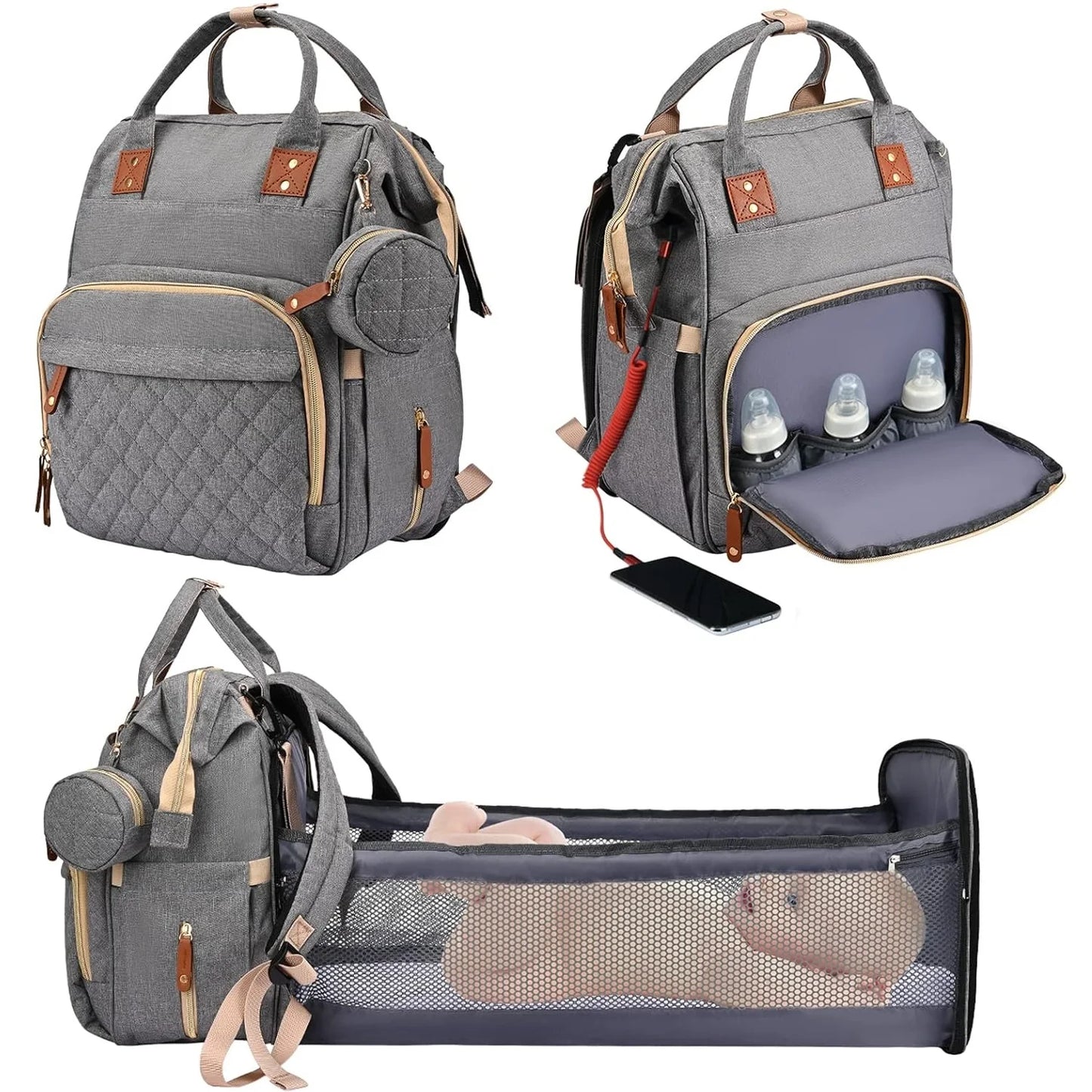 35L Mom Backpack – Folding Cot, Waterproof, USB Charging & Stroller Strap